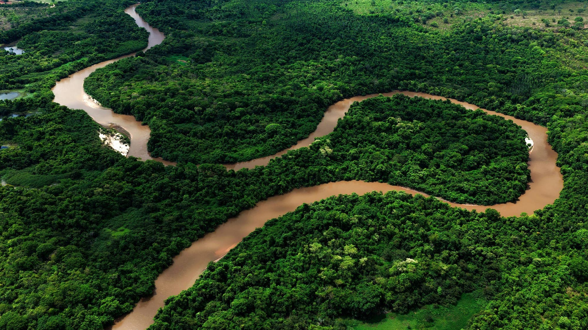 Vista aérea de um rio sinuoso na floresta amazônica